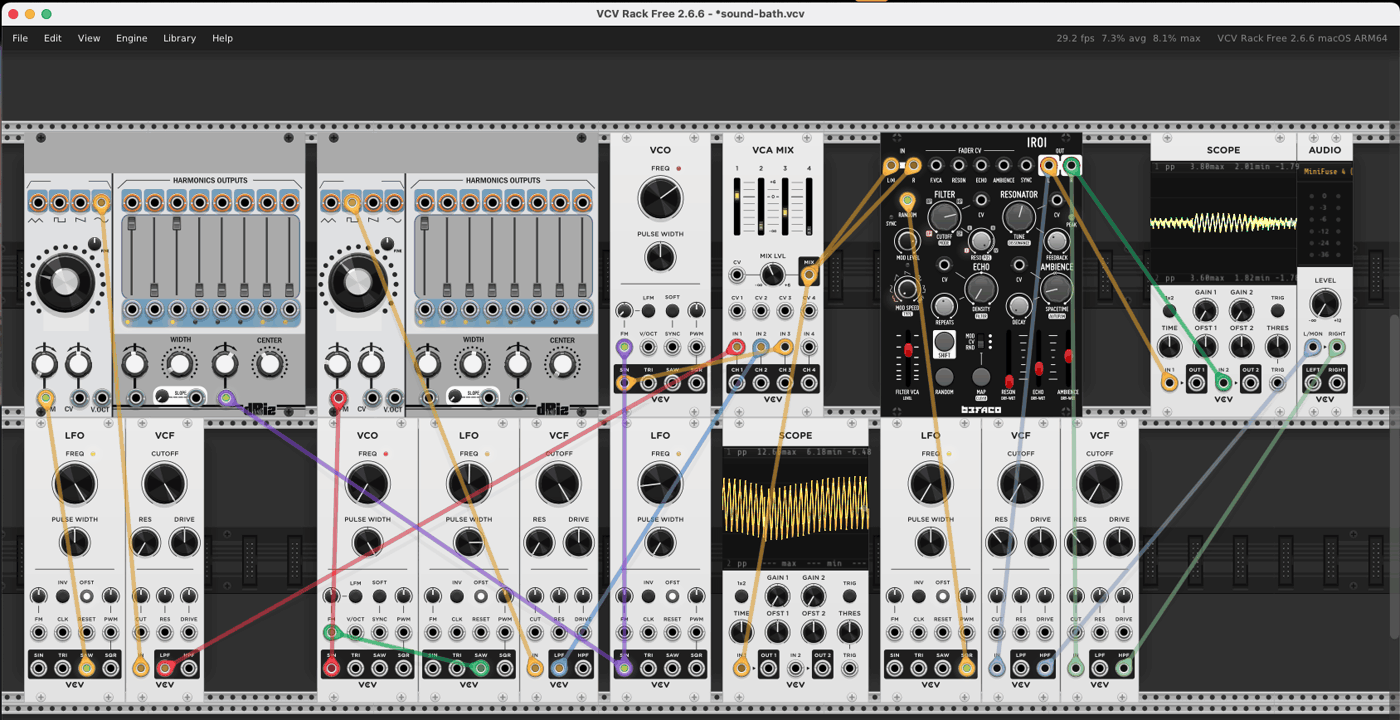 The sound bath patch open in VCV Rack: two dBiz Verbo additive oscillators on the left with their harmonic sliders, a bank of LFOs and filters below, Befaco Iroi in the centre, and the audio output on the right.